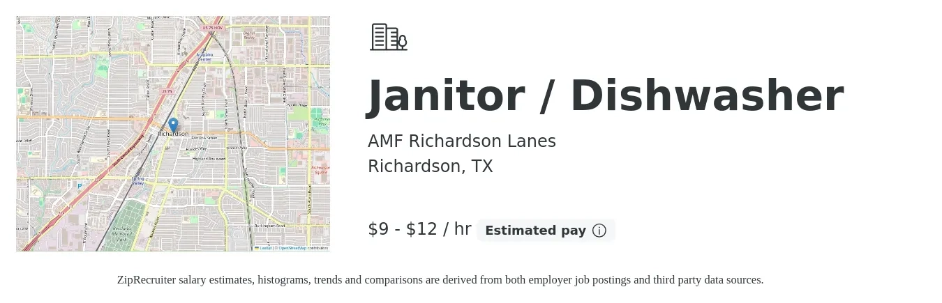 AMF Richardson Lanes job posting for a Janitor / Dishwasher in Richardson, TX with a salary of $10 to $13 Hourly with a map of Richardson location.