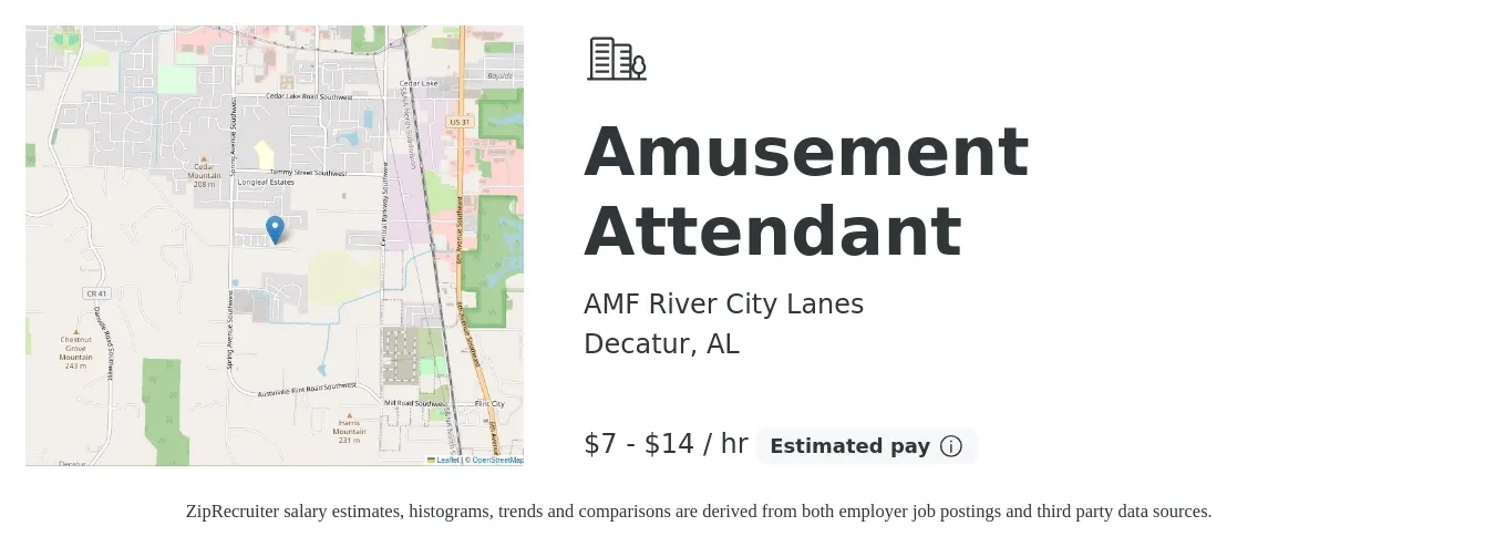 AMF River City Lanes job posting for a Amusement Attendant in Decatur, AL with a salary of $7 to $15 Hourly with a map of Decatur location.