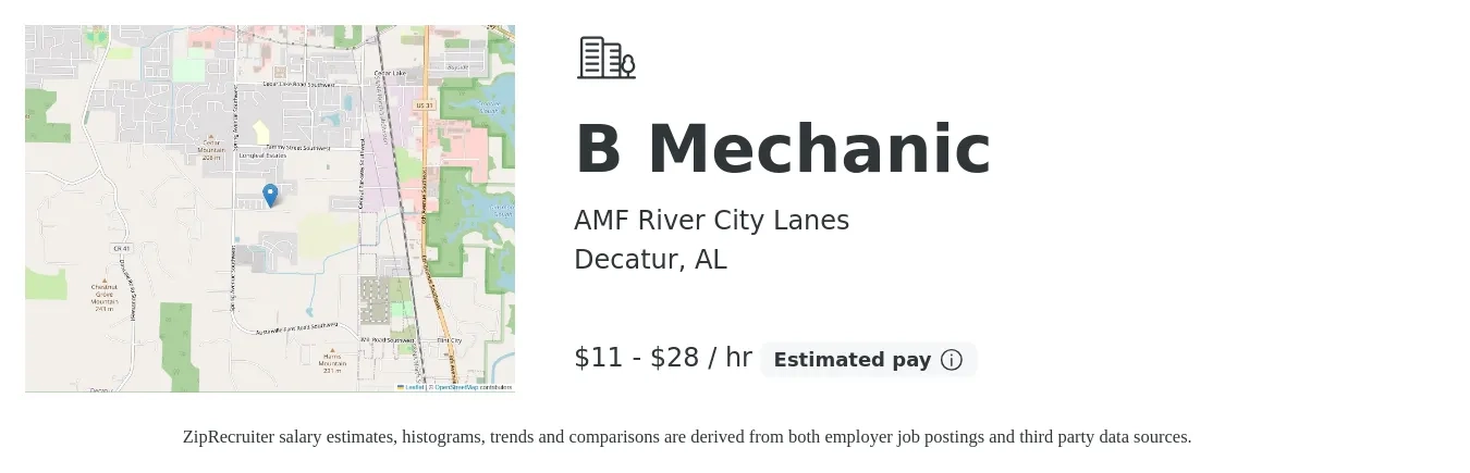AMF River City Lanes job posting for a B Mechanic in Decatur, AL with a salary of $12 to $30 Hourly with a map of Decatur location.