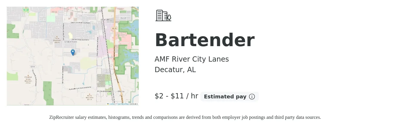 AMF River City Lanes job posting for a Bartender in Decatur, AL with a salary of $2 to $12 Hourly with a map of Decatur location.