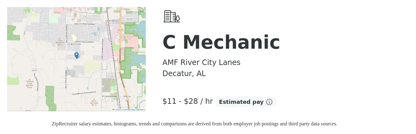 AMF River City Lanes job posting for a C Mechanic in Decatur, AL with a salary of $12 to $30 Hourly with a map of Decatur location.