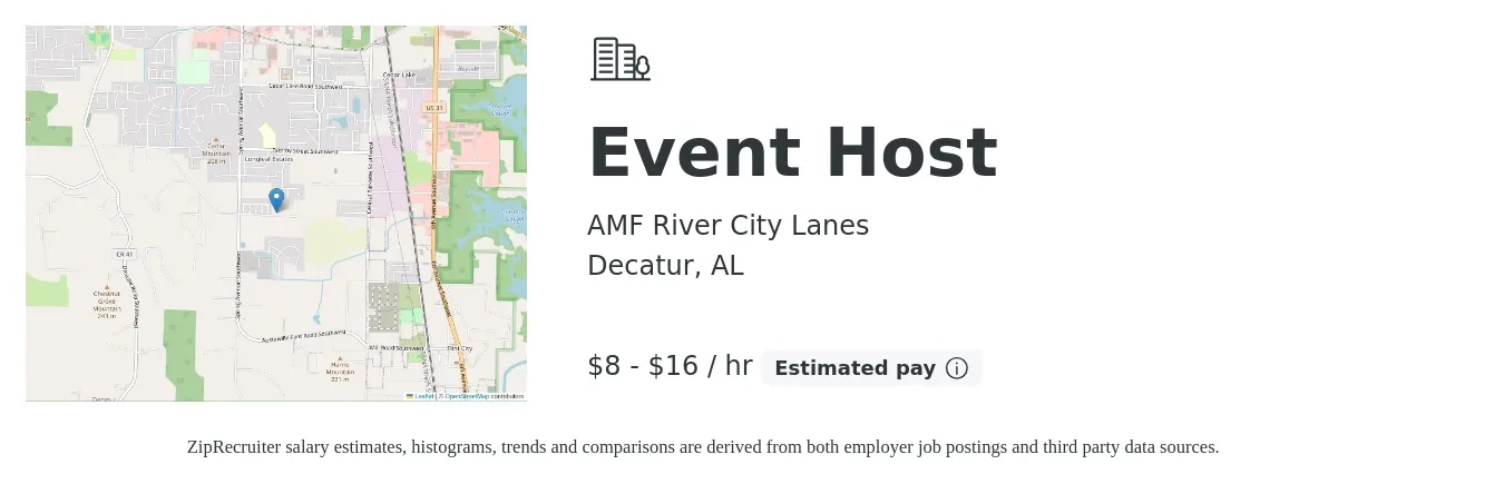 AMF River City Lanes job posting for a Event Host in Decatur, AL with a salary of $9 to $18 Hourly with a map of Decatur location.