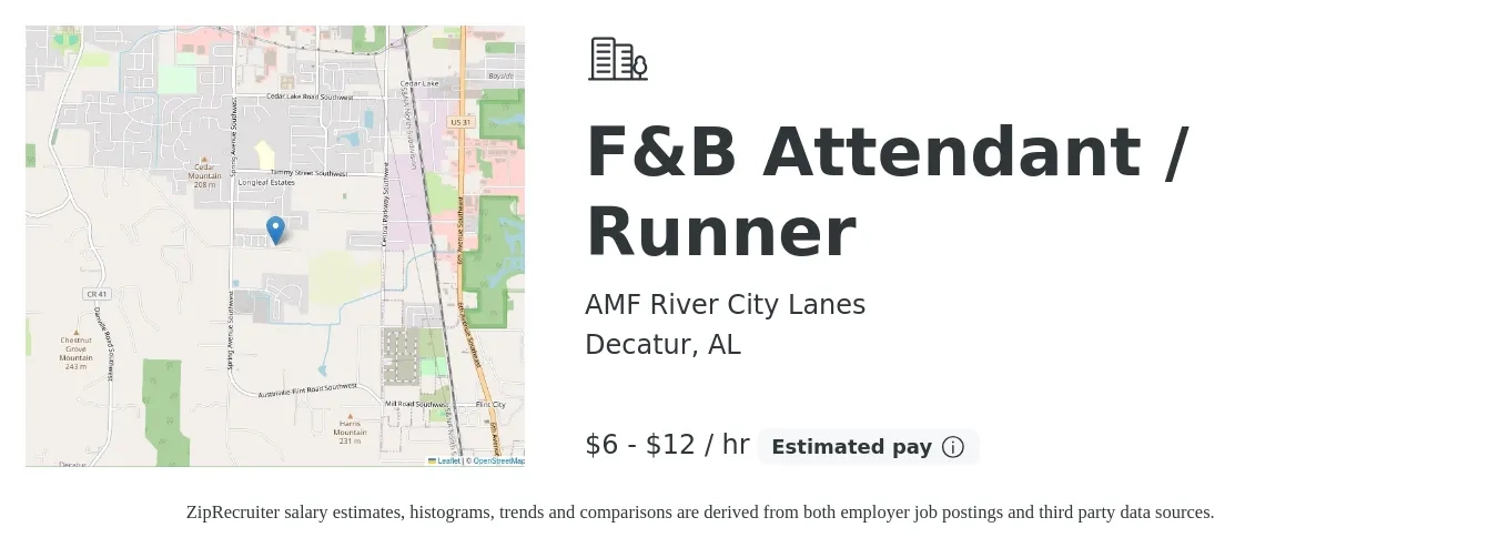 AMF River City Lanes job posting for a F&B Attendant / Runner in Decatur, AL with a salary of $6 to $13 Hourly with a map of Decatur location.