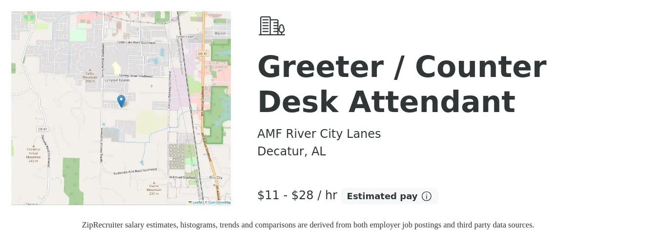 AMF River City Lanes job posting for a Greeter / Counter Desk Attendant in Decatur, AL with a salary of $12 to $30 Hourly with a map of Decatur location.