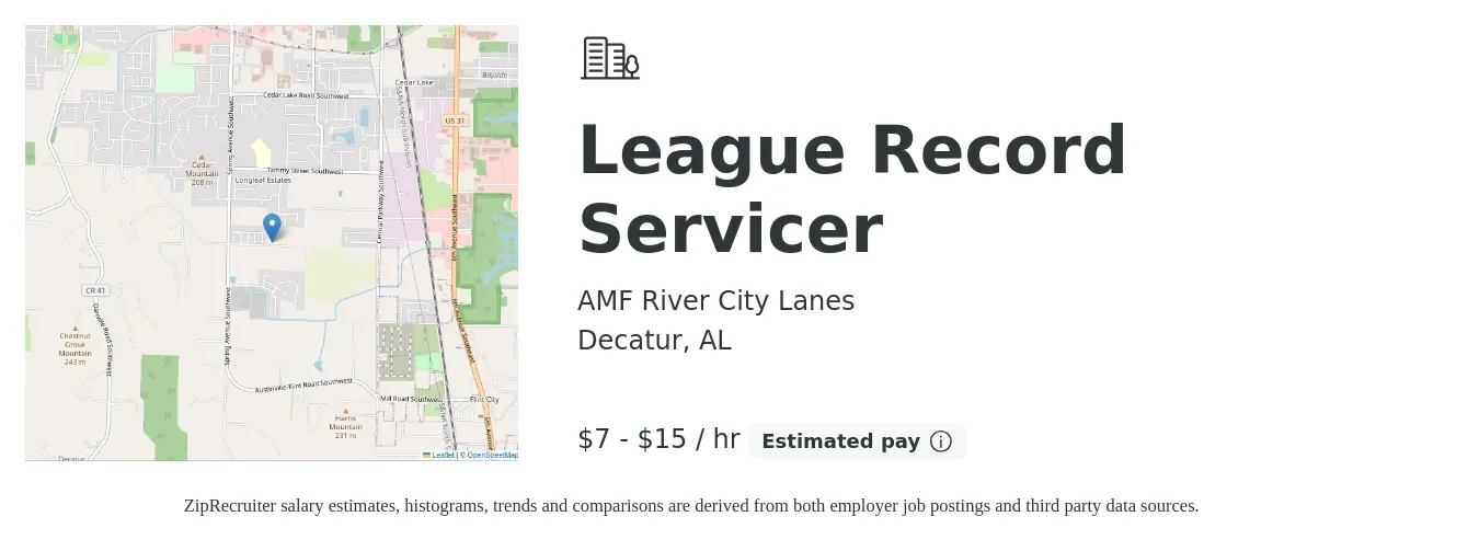 AMF River City Lanes job posting for a League Record Servicer in Decatur, AL with a salary of $8 to $16 Hourly with a map of Decatur location.