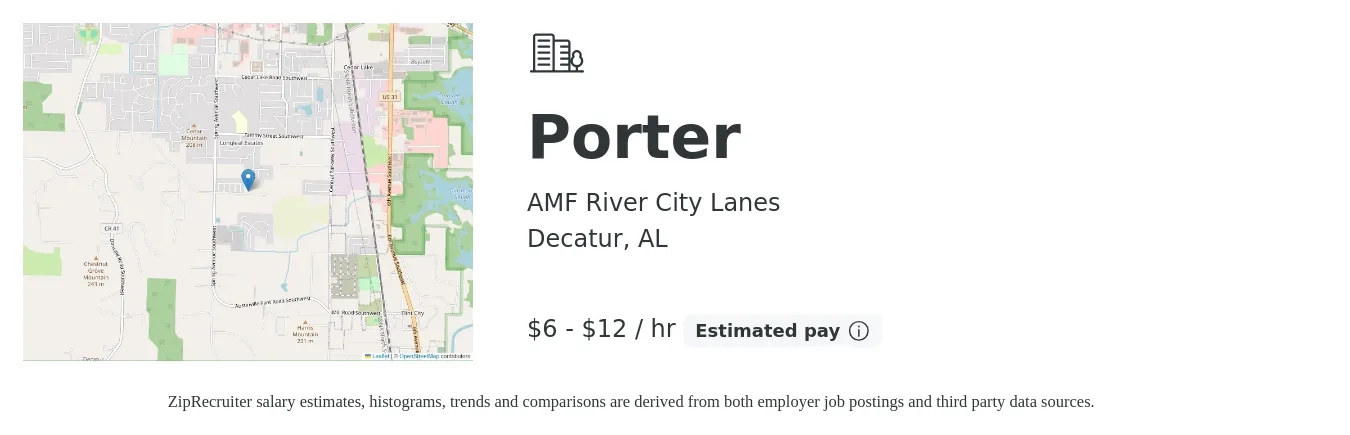 AMF River City Lanes job posting for a Porter in Decatur, AL with a salary of $6 to $13 Hourly with a map of Decatur location.