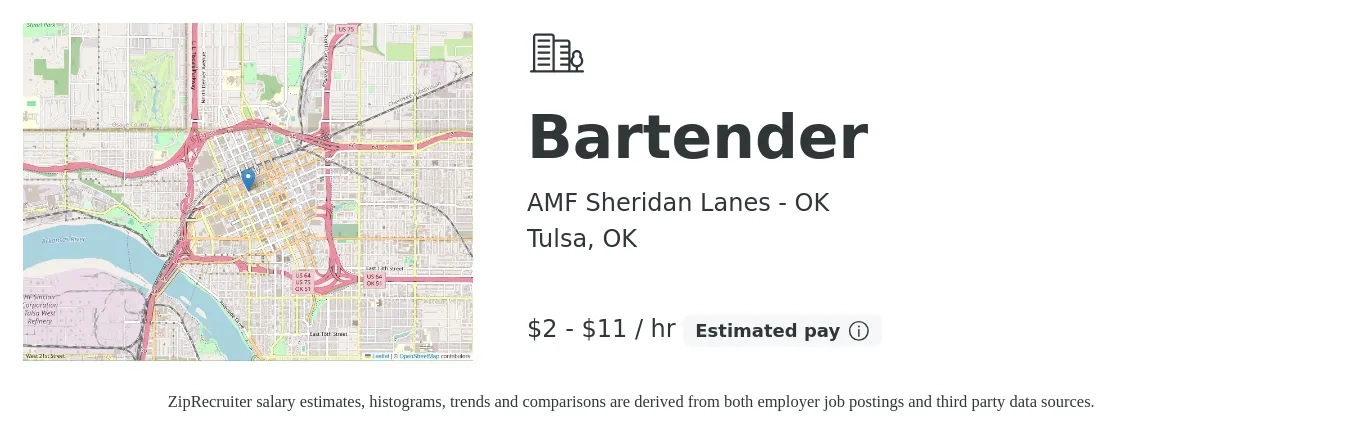 AMF Sheridan Lanes - OK job posting for a Bartender in Tulsa, OK with a salary of $2 to $12 Hourly with a map of Tulsa location.