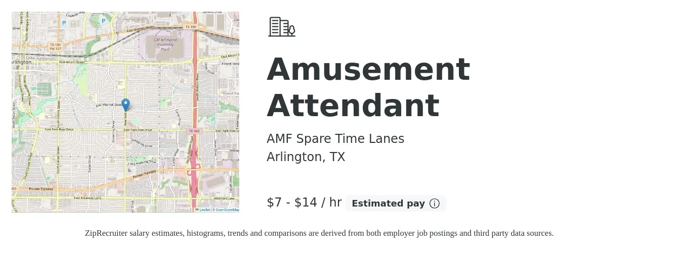 AMF Spare Time Lanes job posting for a Amusement Attendant in Arlington, TX with a salary of $8 to $16 Hourly with a map of Arlington location.