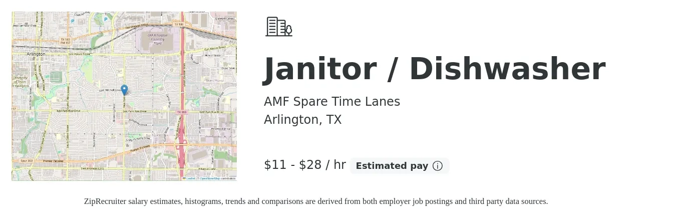 AMF Spare Time Lanes job posting for a Janitor / Dishwasher in Arlington, TX with a salary of $12 to $30 Hourly with a map of Arlington location.