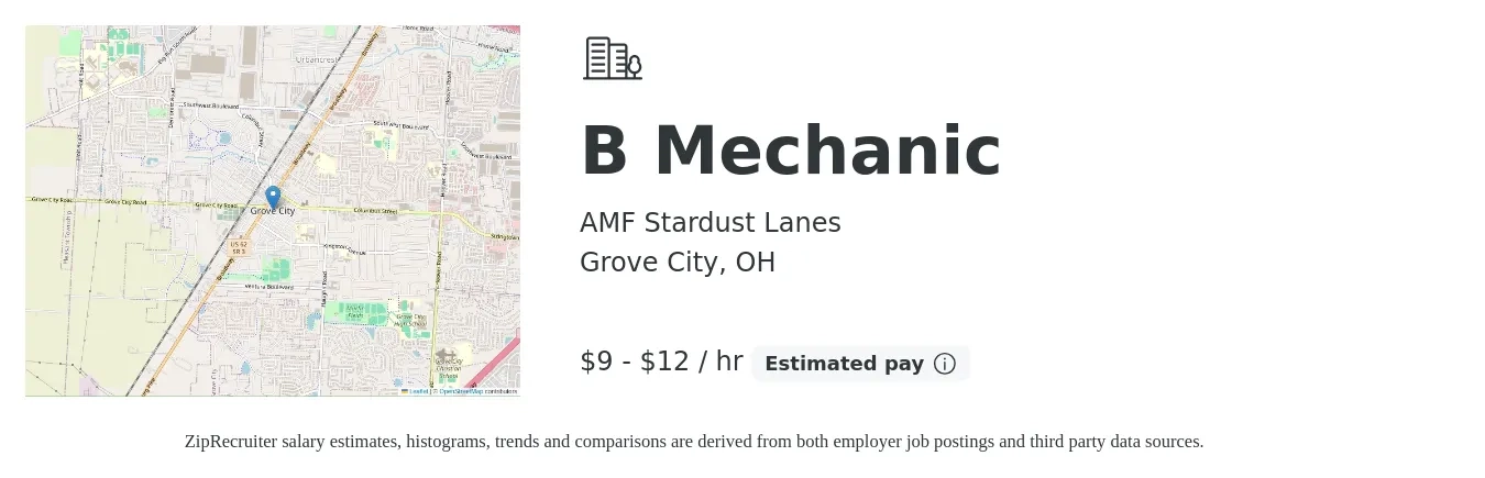 AMF Stardust Lanes job posting for a B Mechanic in Grove City, OH with a salary of $10 to $13 Hourly with a map of Grove City location.