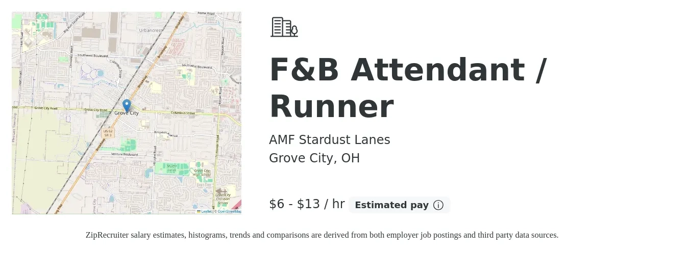 AMF Stardust Lanes job posting for a F&B Attendant / Runner in Grove City, OH with a salary of $7 to $14 Hourly with a map of Grove City location.