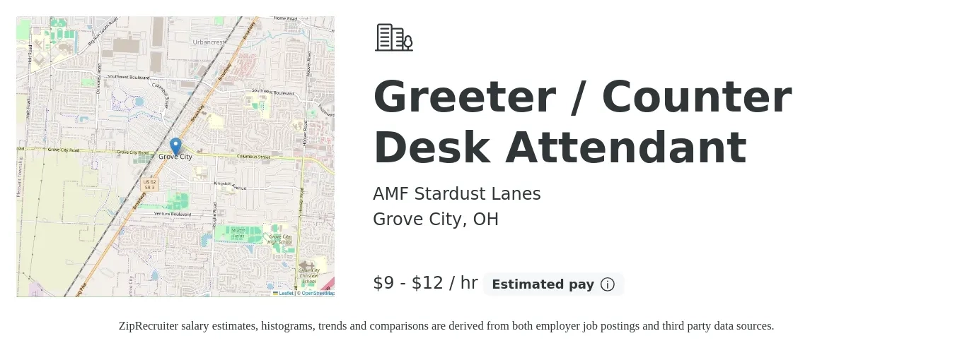 AMF Stardust Lanes job posting for a Greeter / Counter Desk Attendant in Grove City, OH with a salary of $10 to $13 Hourly with a map of Grove City location.