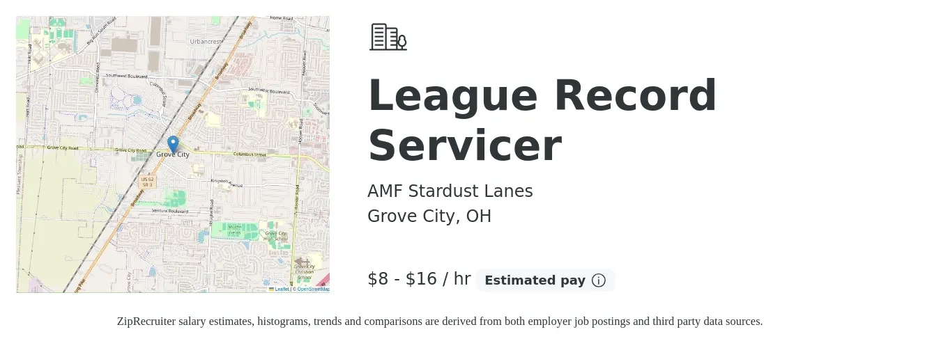 AMF Stardust Lanes job posting for a League Record Servicer in Grove City, OH with a salary of $8 to $17 Hourly with a map of Grove City location.