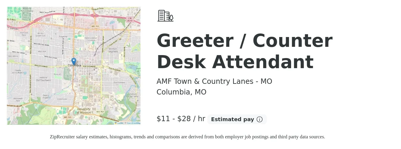 AMF Town & Country Lanes - MO job posting for a Greeter / Counter Desk Attendant in Columbia, MO with a salary of $12 to $30 Hourly with a map of Columbia location.