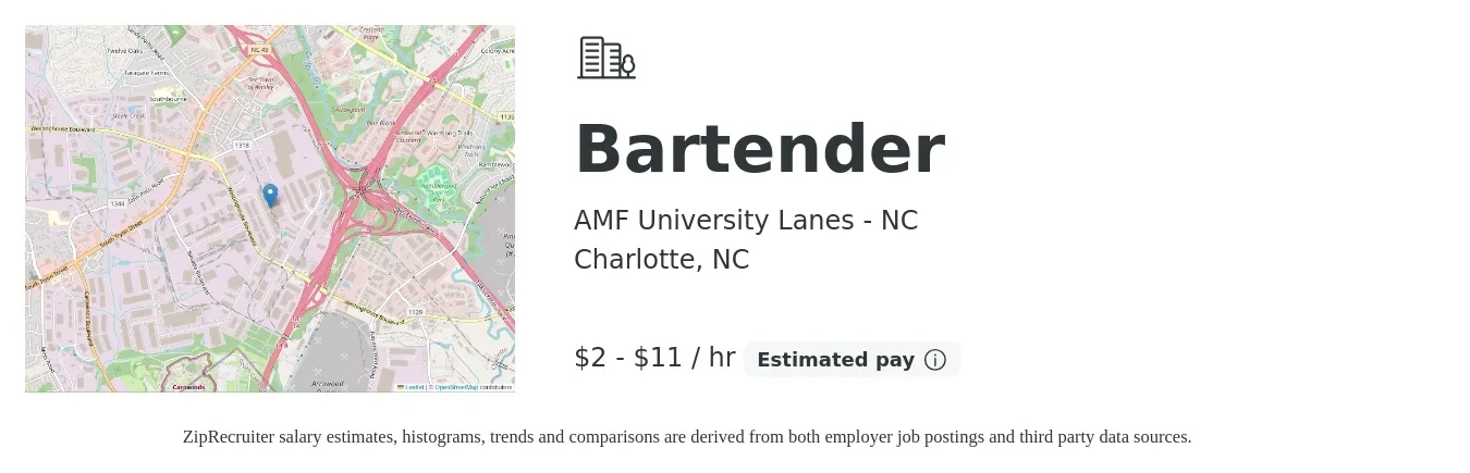 AMF University Lanes - NC job posting for a Bartender in Charlotte, NC with a salary of $2 to $12 Hourly with a map of Charlotte location.