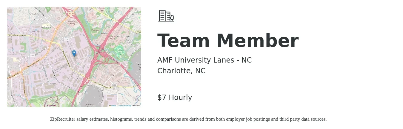AMF University Lanes - NC job posting for a Team Member in Charlotte, NC with a salary of $15 Hourly with a map of Charlotte location.