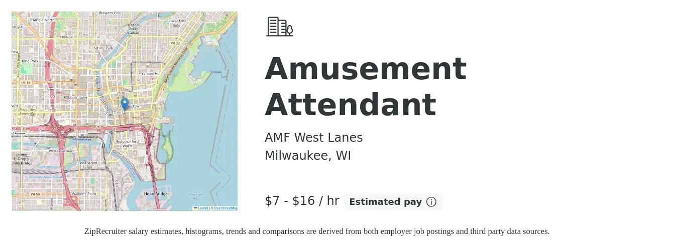 AMF West Lanes job posting for a Amusement Attendant in Milwaukee, WI with a salary of $8 to $17 Hourly with a map of Milwaukee location.