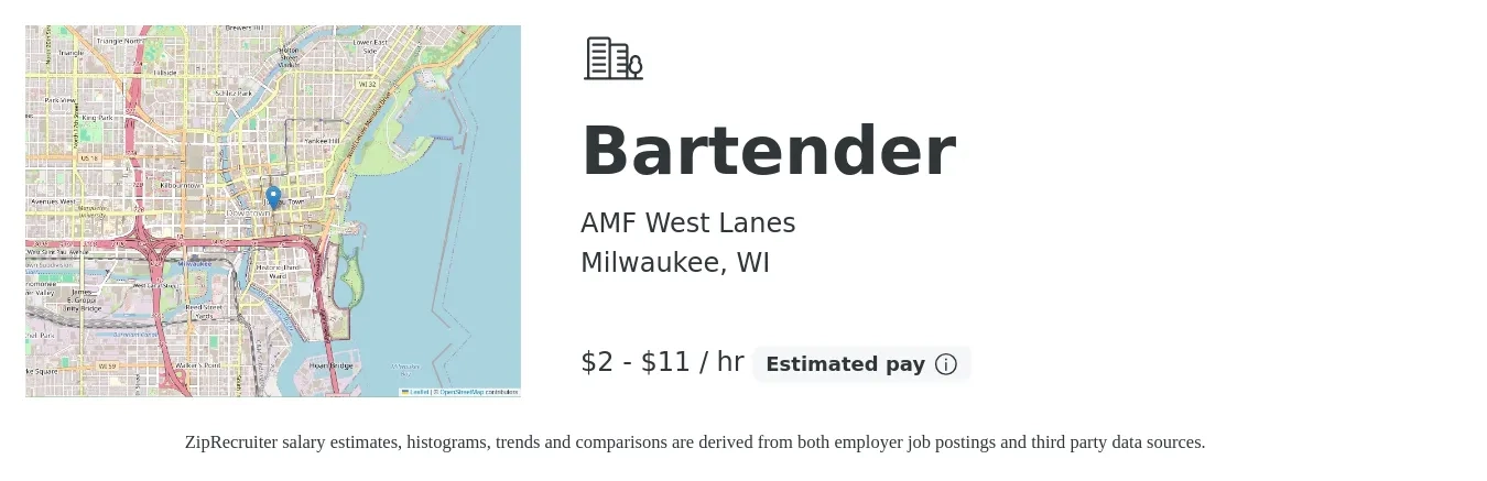 AMF West Lanes job posting for a Bartender in Milwaukee, WI with a salary of $2 to $12 Hourly with a map of Milwaukee location.