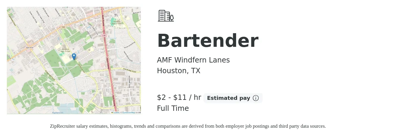 AMF Windfern Lanes job posting for a Bartender in Houston, TX with a salary of $2 to $12 Hourly with a map of Houston location.
