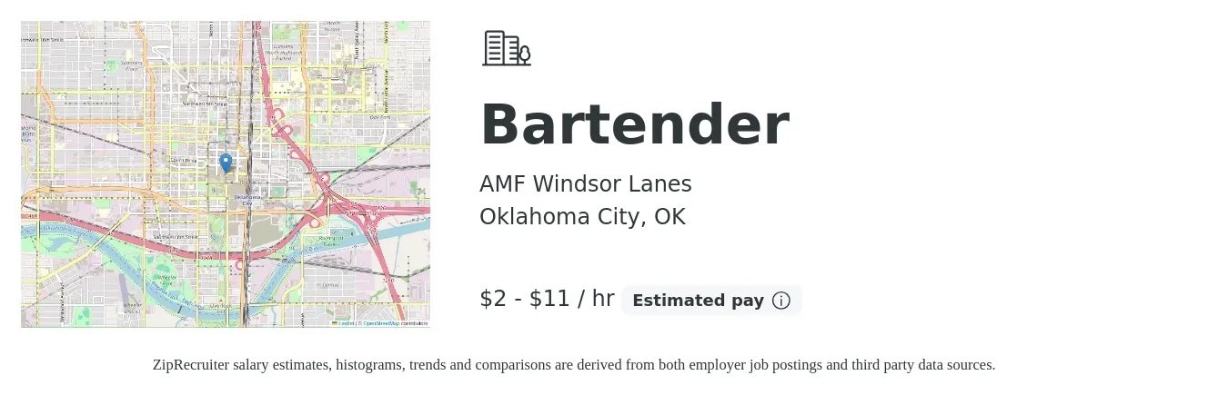 AMF Windsor Lanes job posting for a Bartender in Oklahoma City, OK with a salary of $2 to $12 Hourly with a map of Oklahoma City location.
