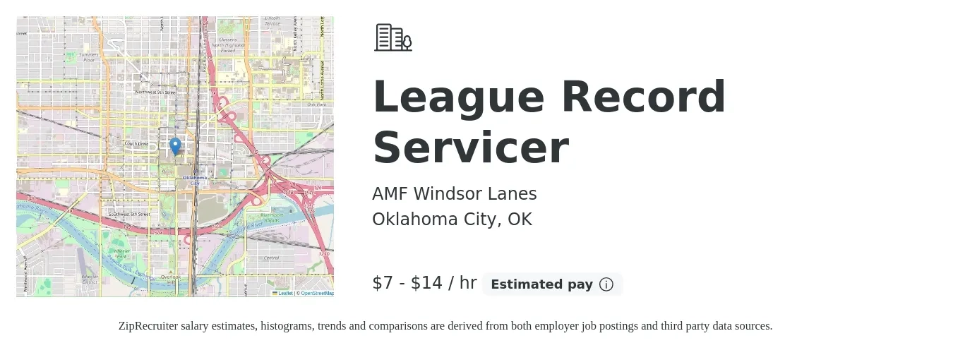 AMF Windsor Lanes job posting for a League Record Servicer in Oklahoma City, OK with a salary of $8 to $15 Hourly with a map of Oklahoma City location.