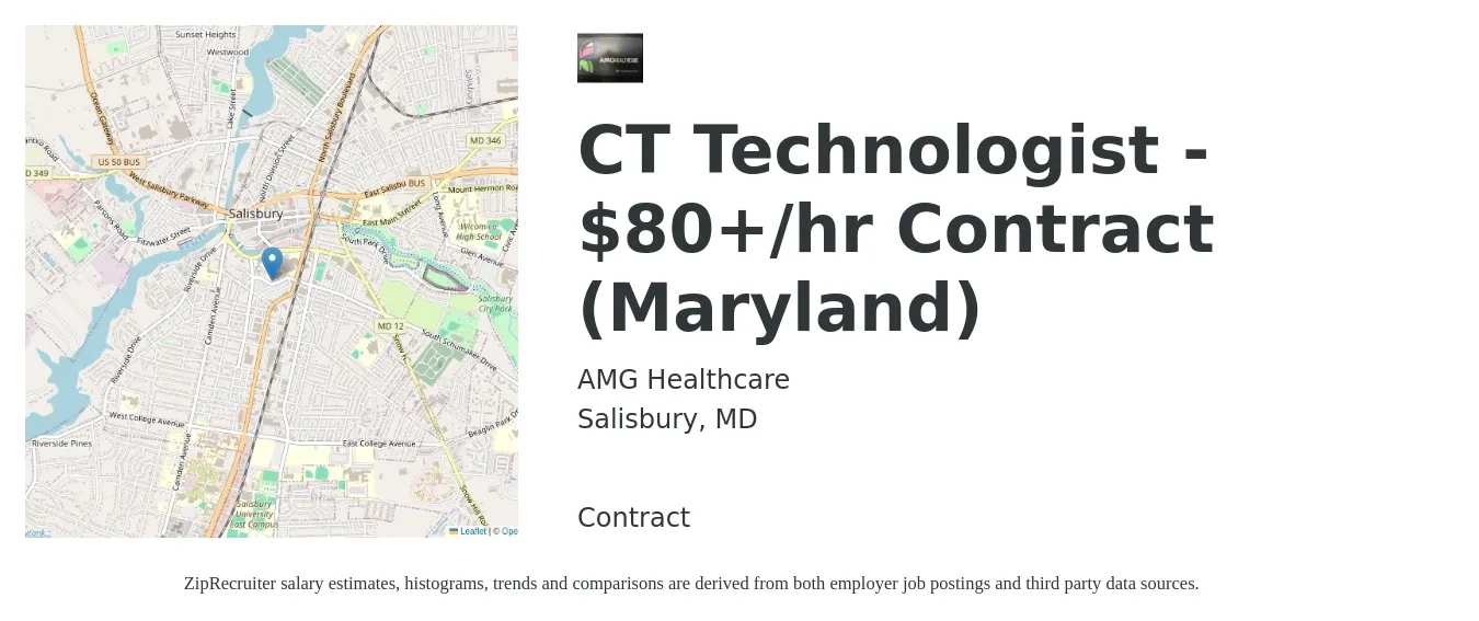 AMG Healthcare job posting for a CT Technologist - $80+/hr Contract (Maryland) in Salisbury, MD with a salary of $78 to $84 Hourly with a map of Salisbury location.