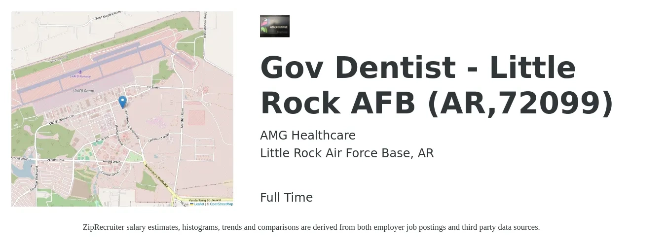 AMG Healthcare job posting for a Gov Dentist - Little Rock AFB (AR,72099) in Little Rock Air Force Base, AR with a salary of $137,400 to $222,100 Yearly with a map of Little Rock Air Force Base location.