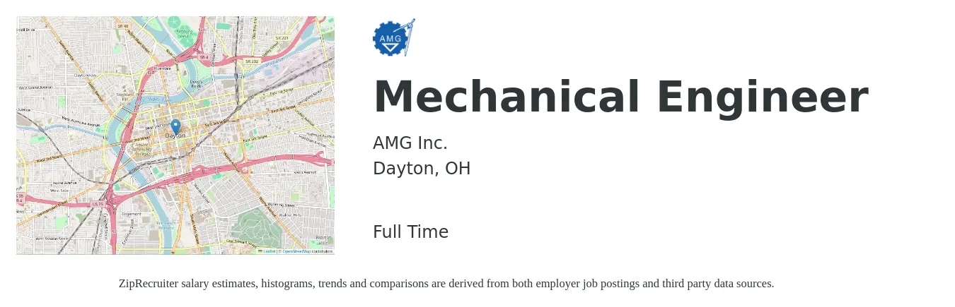 AMG Inc. job posting for a Mechanical Engineer in Dayton, OH with a salary of $79,100 to $122,800 Yearly with a map of Dayton location.