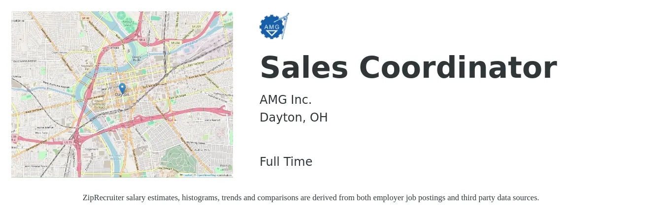 AMG Inc. job posting for a Sales Coordinator in Dayton, OH with a salary of $18 to $25 Hourly with a map of Dayton location.