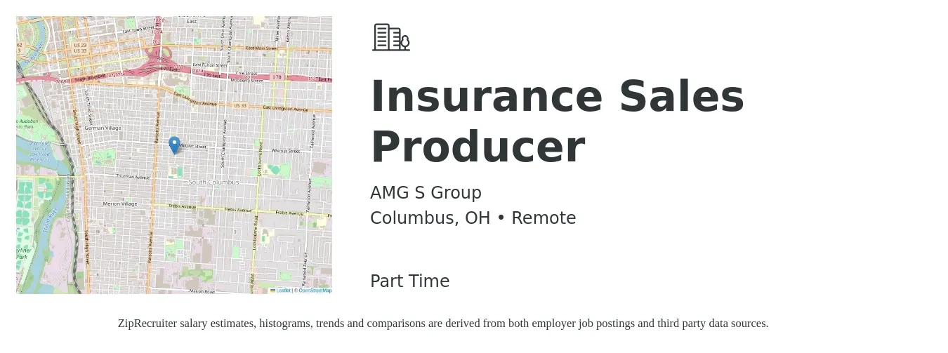 AMG S Group job posting for a Insurance Sales Producer in Columbus, OH with a salary of $41,000 to $57,000 Yearly with a map of Columbus location.