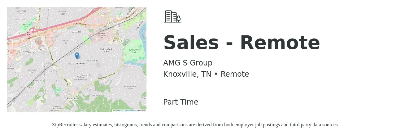 AMG S Group job posting for a Sales - Remote in Knoxville, TN with a salary of $33,400 to $90,700 Yearly with a map of Knoxville location.