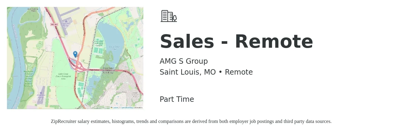AMG S Group job posting for a Sales - Remote in Saint Louis, MO with a salary of $46,200 to $87,000 Yearly with a map of Saint Louis location.