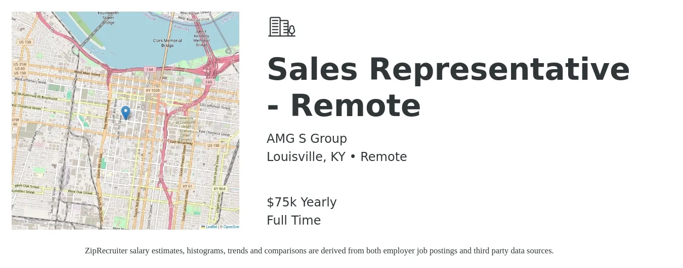 AMG S Group job posting for a Sales Representative - Remote in Louisville, KY with a salary of $75,000 Yearly with a map of Louisville location.
