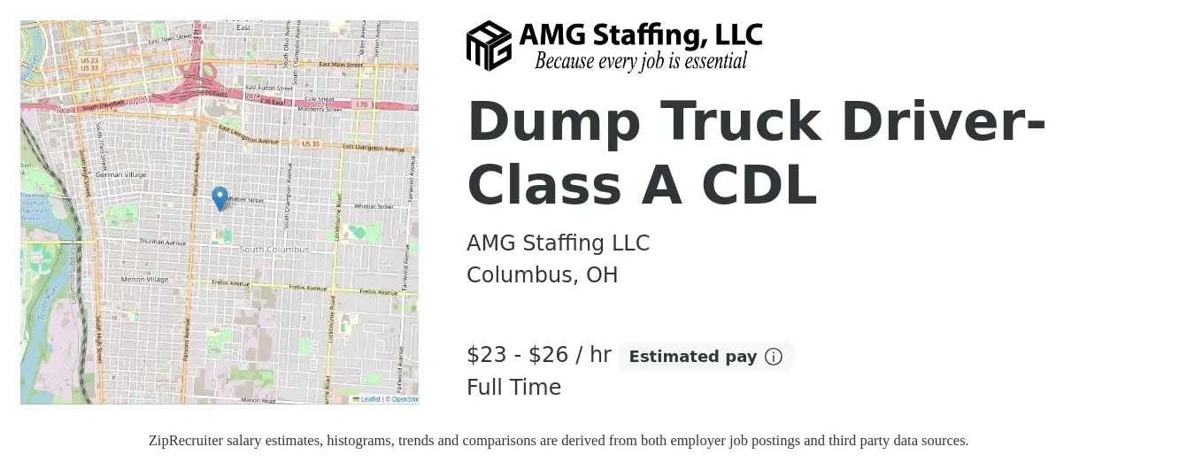 AMG Staffing LLC job posting for a Dump Truck Driver- Class A CDL in Columbus, OH with a salary of $24 to $28 Hourly with a map of Columbus location.