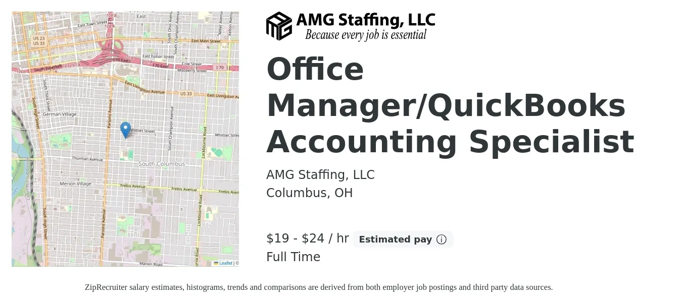 AMG Staffing LLC job posting for a Office Manager/QuickBooks Accounting Specialist in Columbus, OH with a salary of $20 to $25 Hourly with a map of Columbus location.