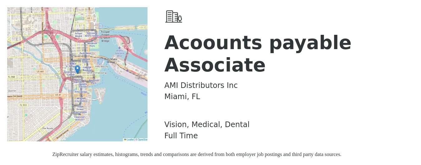 AMI Distributors Inc job posting for a Acoounts payable Associate in Miami, FL with a salary of $19 to $25 Hourly and benefits including vision, dental, and medical with a map of Miami location.