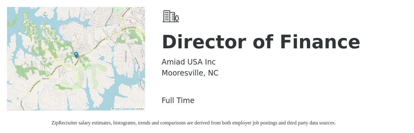 Amiad USA Inc job posting for a Director of Finance in Mooresville, NC with a salary of $88,800 to $135,200 Yearly with a map of Mooresville location.