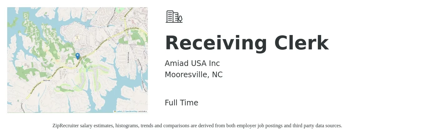 Amiad USA Inc job posting for a Receiving Clerk in Mooresville, NC with a salary of $14 to $17 Hourly with a map of Mooresville location.