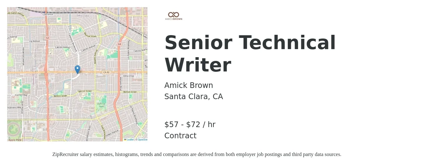 Amick Brown job posting for a Senior Technical Writer in Santa Clara, CA with a salary of $60 to $75 Hourly with a map of Santa Clara location.