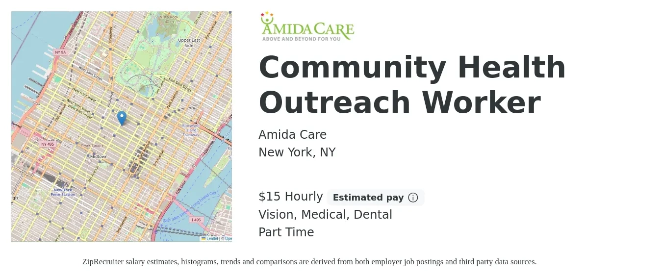 Amida Care job posting for a Community Health Outreach Worker in New York, NY with a salary of $16 Hourly and benefits including dental, life_insurance, medical, and vision with a map of New York location.