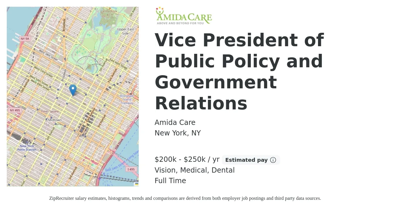 Amida Care job posting for a Vice President of Public Policy and Government Relations in New York, NY with a salary of $200,000 to $250,000 Yearly and benefits including dental, life_insurance, medical, pto, retirement, and vision with a map of New York location.