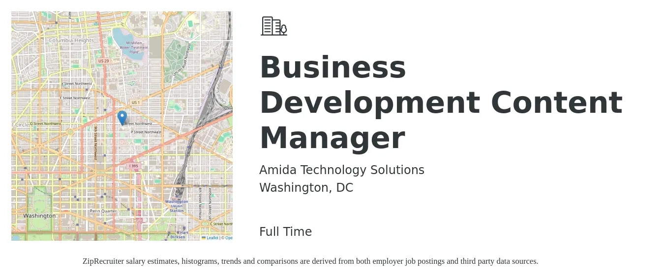 Amida Technology Solutions job posting for a Business Development Content Manager in Washington, DC with a salary of $68,000 to $124,100 Yearly with a map of Washington location.