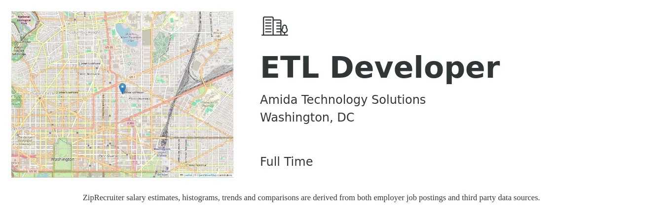 Amida Technology Solutions job posting for a ETL Developer in Washington, DC with a salary of $58 to $76 Hourly with a map of Washington location.