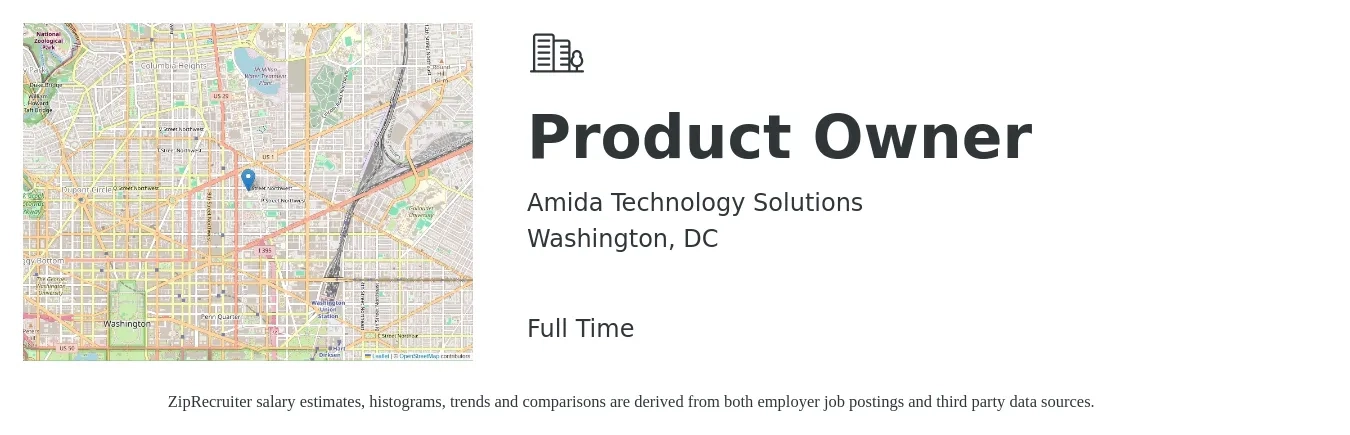 Amida Technology Solutions job posting for a Product Owner in Washington, DC with a salary of $105,900 to $146,600 Yearly with a map of Washington location.