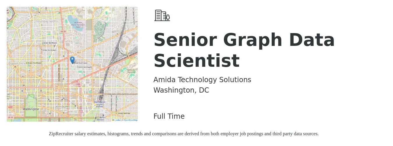 Amida Technology Solutions job posting for a Senior Graph Data Scientist in Washington, DC with a salary of $134,200 to $188,500 Yearly with a map of Washington location.