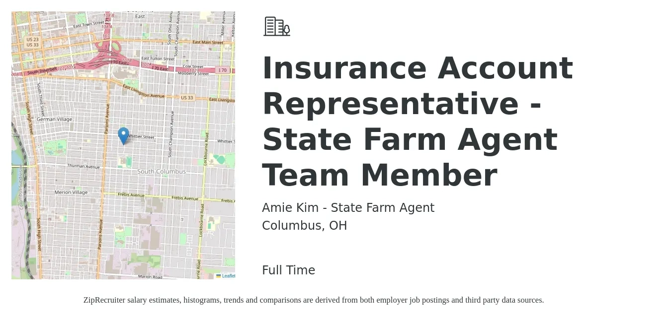 Amie Kim - State Farm Agent job posting for a Insurance Account Representative - State Farm Agent Team Member in Columbus, OH with a salary of $38,600 to $53,100 Yearly with a map of Columbus location.