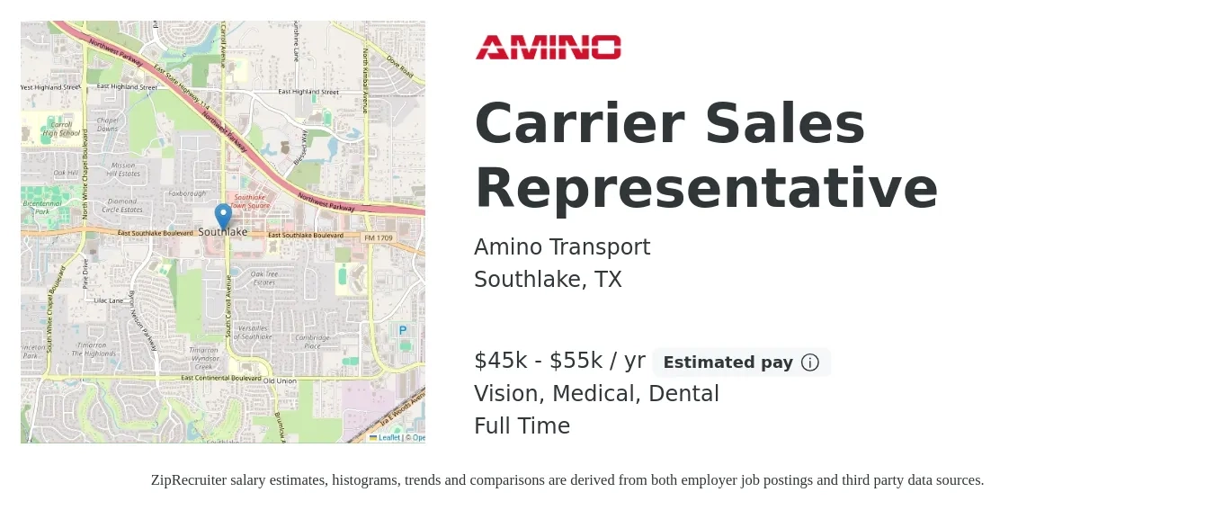 Amino Transport job posting for a Carrier Sales Representative in Southlake, TX with a salary of $45,000 to $55,000 Yearly and benefits including medical, pto, retirement, vision, dental, and life_insurance with a map of Southlake location.