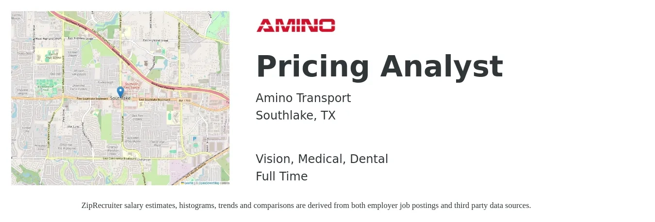 Amino Transport job posting for a Pricing Analyst in Southlake, TX with a salary of $50,800 to $75,800 Yearly and benefits including dental, life_insurance, medical, retirement, and vision with a map of Southlake location.