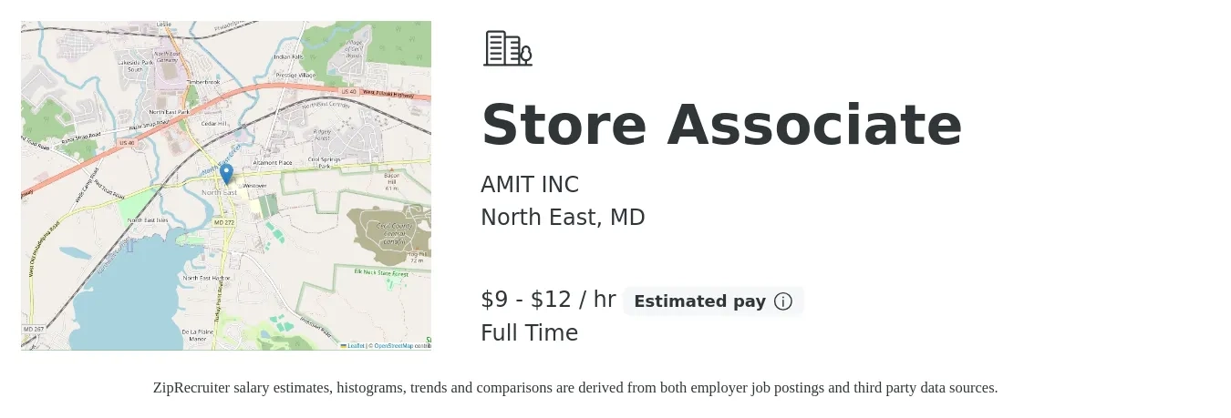 AMIT INC job posting for a Store Associate in North East, MD with a salary of $10 to $13 Hourly with a map of North East location.