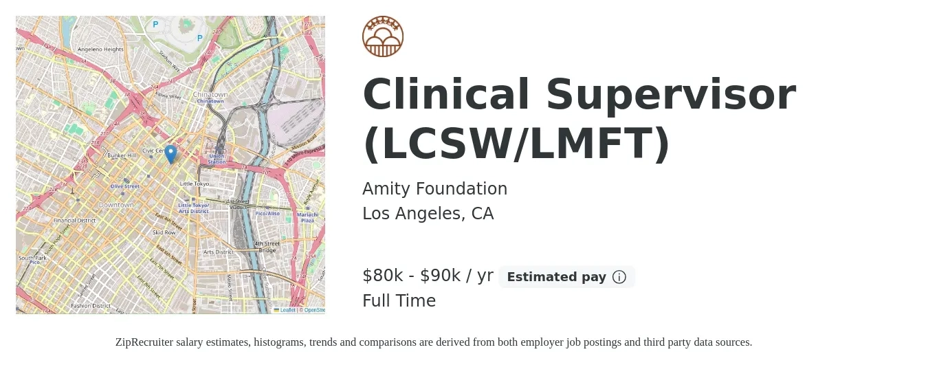 Amity Foundation job posting for a Clinical Supervisor (LCSW/LMFT) in Los Angeles, CA with a salary of $80,000 to $90,000 Yearly with a map of Los Angeles location.